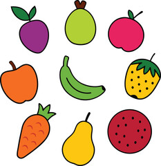 doodle style fruits set flat color vector art illustration.