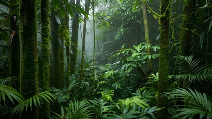 Lush Green Rainforest with Dense Vegetation, Evoking Nature, Wilderness, and Tropical Beauty