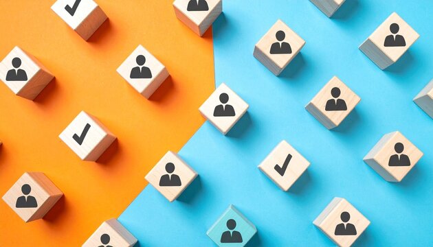 Workplace compliance and performance assessment visualized with checkmark blocks and employee icons on a vibrant background