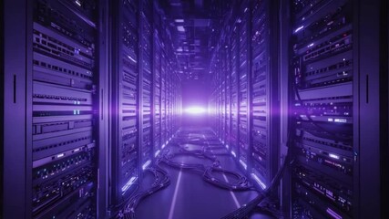 Futuristic server room with illuminated racks and glowing cables in a digital landscape - Powered by Adobe