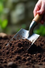 Close-up of trowel blade with soil and roots, against a natural stone background, metal gardening trowel, ergonomic handle