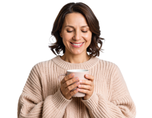 Smiling Young Woman in Cozy Sweater with Warm Cup, Transparent Background
