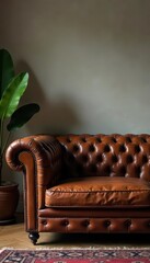Deep brown tufted leather couch, rich texture , retro, couch