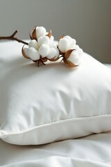Delicate cotton branch blossoms rest gently on a soft white pillow , plant, pillow