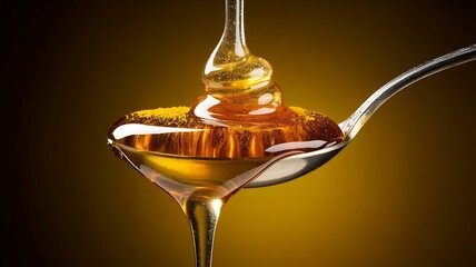 Golden Honey Pouring onto a Spoon with Turmeric Powder Against a Dark Yellow Background