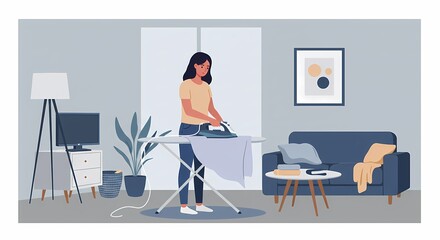 Woman ironing clothes in a modern living room with minimalist decor