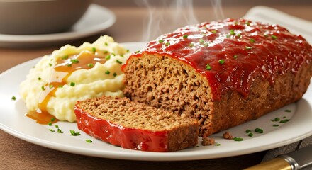 steaming hot, home-style meatloaf with a savory red glaze, sliced and served as a traditional, comforting dinner alongside creamy mashed potatoes and gravy