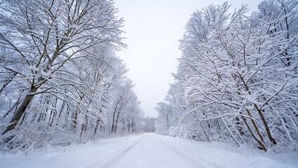 Obraz premium Snow Covered Trees Along a Rural Road in Winter