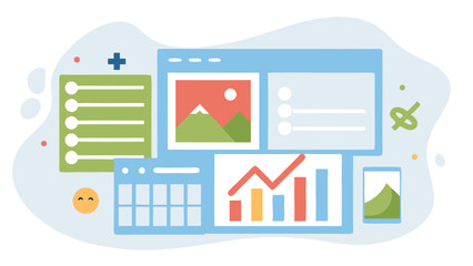 Fototapeta premium Illustration of various user interface elements including charts and list interfaces shown together