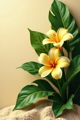 Luxurious golden flowers emerging from tropical leaves on a neutral beige ground, natural, foliage, luxurious