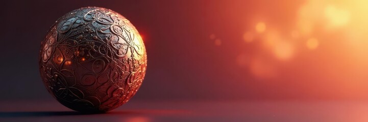 Metallic sphere with intricate patterns against a warm gradient background, texture, abstract art,