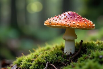 Large Macrolepiota procera mushroom grows on mossy forest ground with epiphytic lichen, lichen, ecology