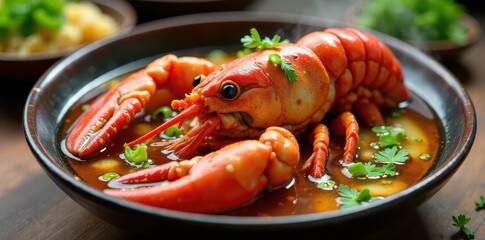 Steaming hot braised lobster in a savory ginger scallion broth, seafood soup, lobster, scallions