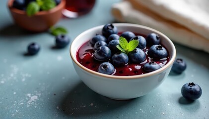 Small bowl brimming with fresh blueberries & homemade jam , table, delicious, organic