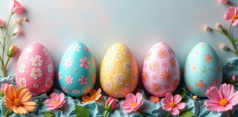 Vibrant pastel Easter eggs, floral patterns, intricate designs , nature, colorful background