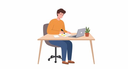 Focused Young Man Working at a Desk with Laptop
