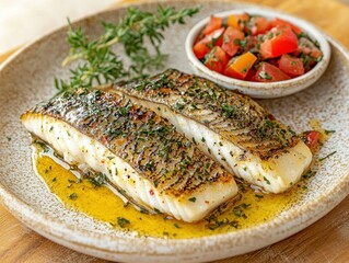 Two pan-seared fish fillets, glistening with butter, served with a tomato salsa and fresh herbs