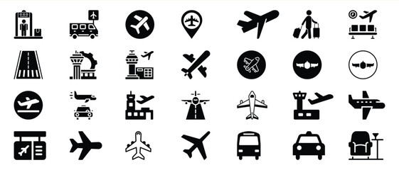 Airport Travel Icons Black Glyph Set Airplane Transportation 1