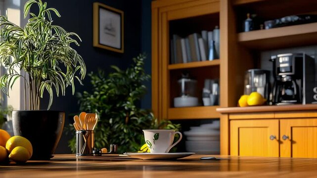 Cozy kitchen scene featuring a wooden table with a cup, lemons, and a coffee maker in the background