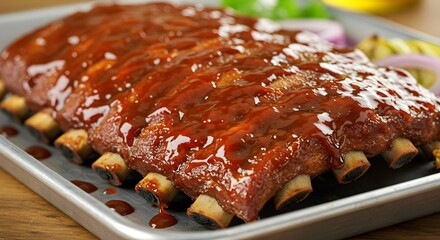 Appetizing and tender pork ribs, slathered in a savory barbecue sauce, showcased on a wooden board for a classic cookout presentation