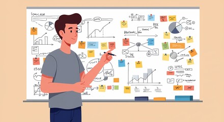 Man presenting business strategy on whiteboard with graphs and sticky notes