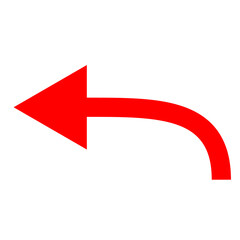 Red curved arrow pointing left with return direction on white background, simple icon design for navigation and user interface elements