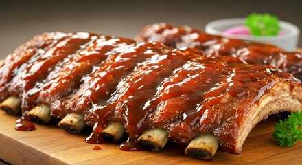 succulent and meaty rack of barbecue pork ribs, glistening with a thick, dripping sauce and served on a rustic wooden board, creating an appetizing image for culinary use