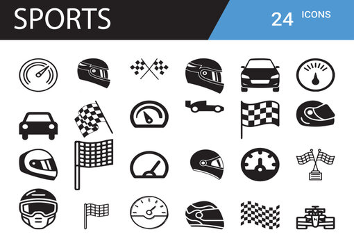 Motorsports Icon Set: A comprehensive collection of 24 sleek, monochrome icons representing the thrill of motorsports, perfect for websites, apps, and presentations.