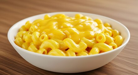 bowl of classic macaroni and cheese, featuring elbow pasta smothered in a vibrant, smooth, and creamy yellow cheese sauce, served simply in a white bowl