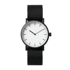 Elegant minimalist black watch with white dial on a fabric strap for contemporary style and everyday wear Transparent background or png