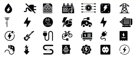 Black Electricity Power Icons Set Energy Symbols Collection