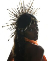 Regal silhouette portrait of a female model in an ornate crown and golden rim lighting, featuring a...