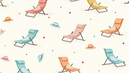 Playful pattern design, colorful lounge chairs and hats, light background
