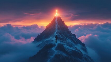 Climbing the summit of enlightenment a majestic mountain scene at sunset digital artwork ethereal environment wide angle