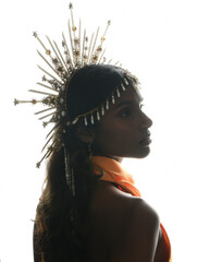 Regal silhouette portrait of a female model in an ornate crown and golden rim lighting, featuring a...
