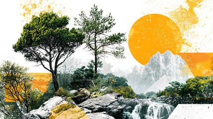 collage artistique d'images de nature avec arbres et &eacute;l&eacute;ments naturels, formes g&eacute;om&eacute;triques