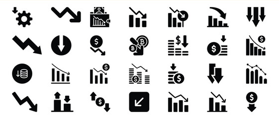 Black Glyph Icons Set Decreasing Financial Charts Graphs Down Arrows 1