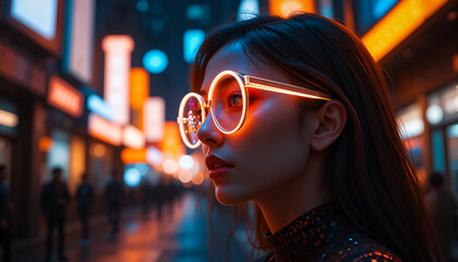 Futuristic Woman Exploring Virtual World – Glowing Face in Digital Light