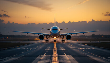 Airplane Landing at Sunset – Tranquil Sky Travel Scene
