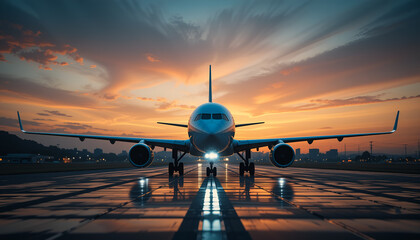 Airplane Landing at Sunset – Tranquil Sky Travel Scene