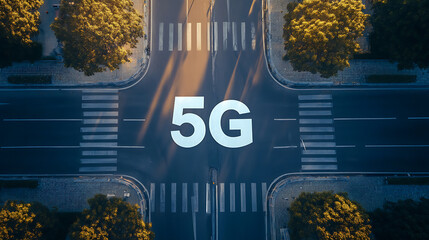 5G Text Overlaid on Aerial View of Urban Intersection
