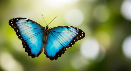A vibrant Blue Morpho butterfly with shimmering blue wings and black edges, gracefully soaring against a soft green and white blurred background.