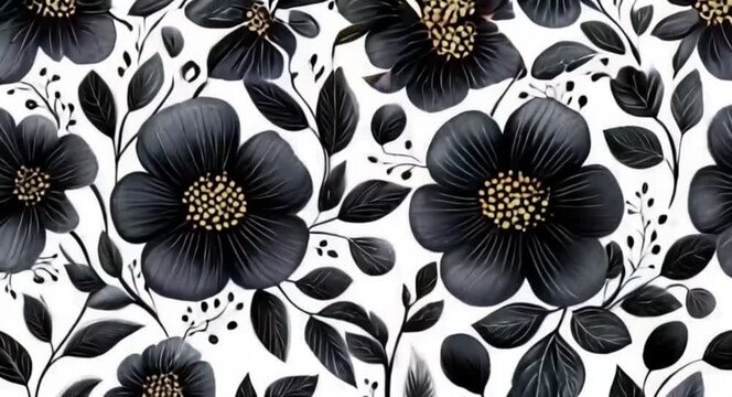A black and white floral pattern with detailed blossoms and leaves