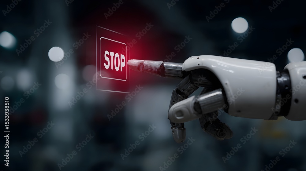 Poster robotic arm selects stop command from virtual interface