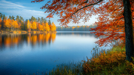 Obraz premium Colorful foliage tree in calm lake water on a beautiful autumn day