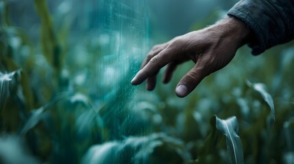 Hand reaching toward a translucent digital field data interface on a farm