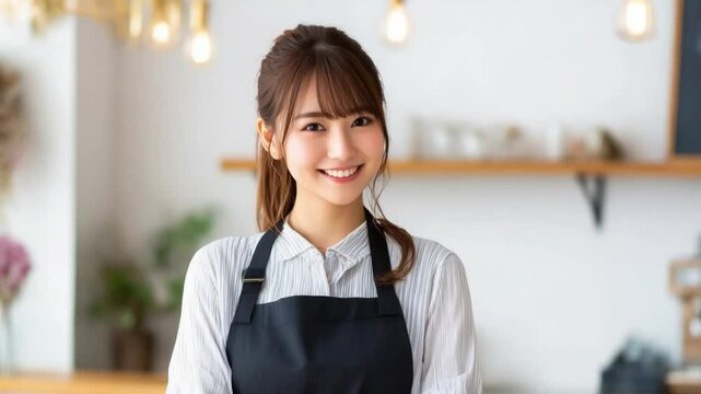 Cute Japanese female store clerk and young caf&eacute; supermodel striking advertisement-appropriate smiling pose against plain white wall 4K video