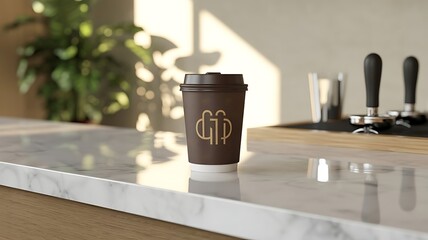 Coffee Cup on Marble Countertop at Cafe with Espresso Machine and Plant Background