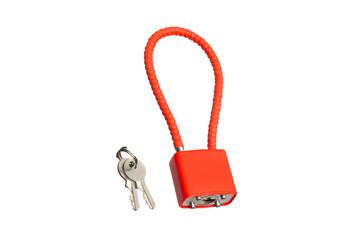 Bright red security cable lock with two metal keys, isolated on white back
