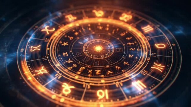 A photorealistic astrological wheel featuring all twelve zodiac signs, glowing symbols, cosmic background, subtle animated light effects, magical and mystical atmosphere, high detail, vibr